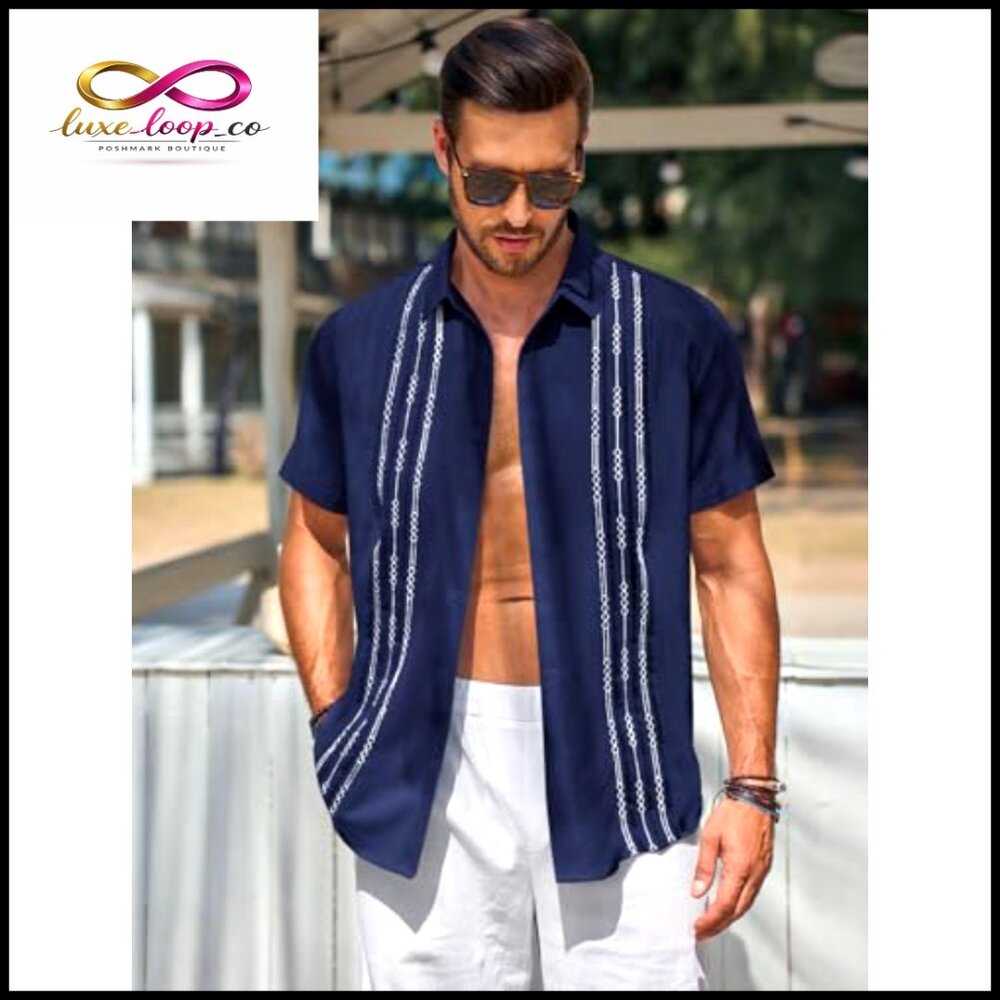 Men's Linen Cotton Guayabera Shirt Embroidered Cuban Wedding Beach Top - Picture 2 of 7